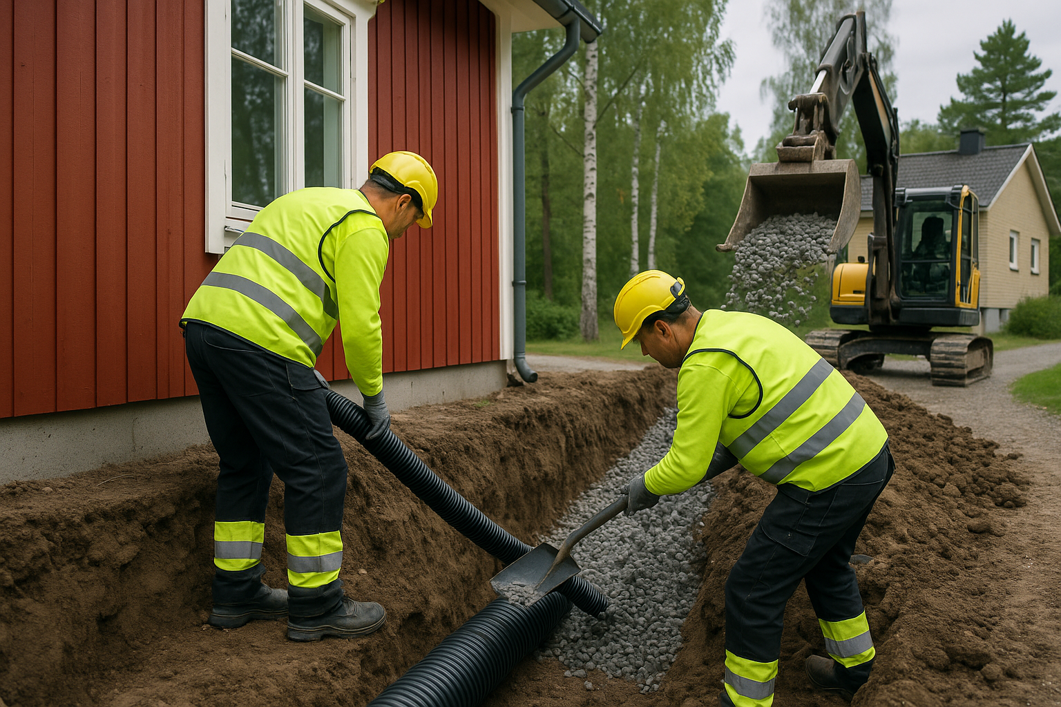 Installation av dränering runt villagrund